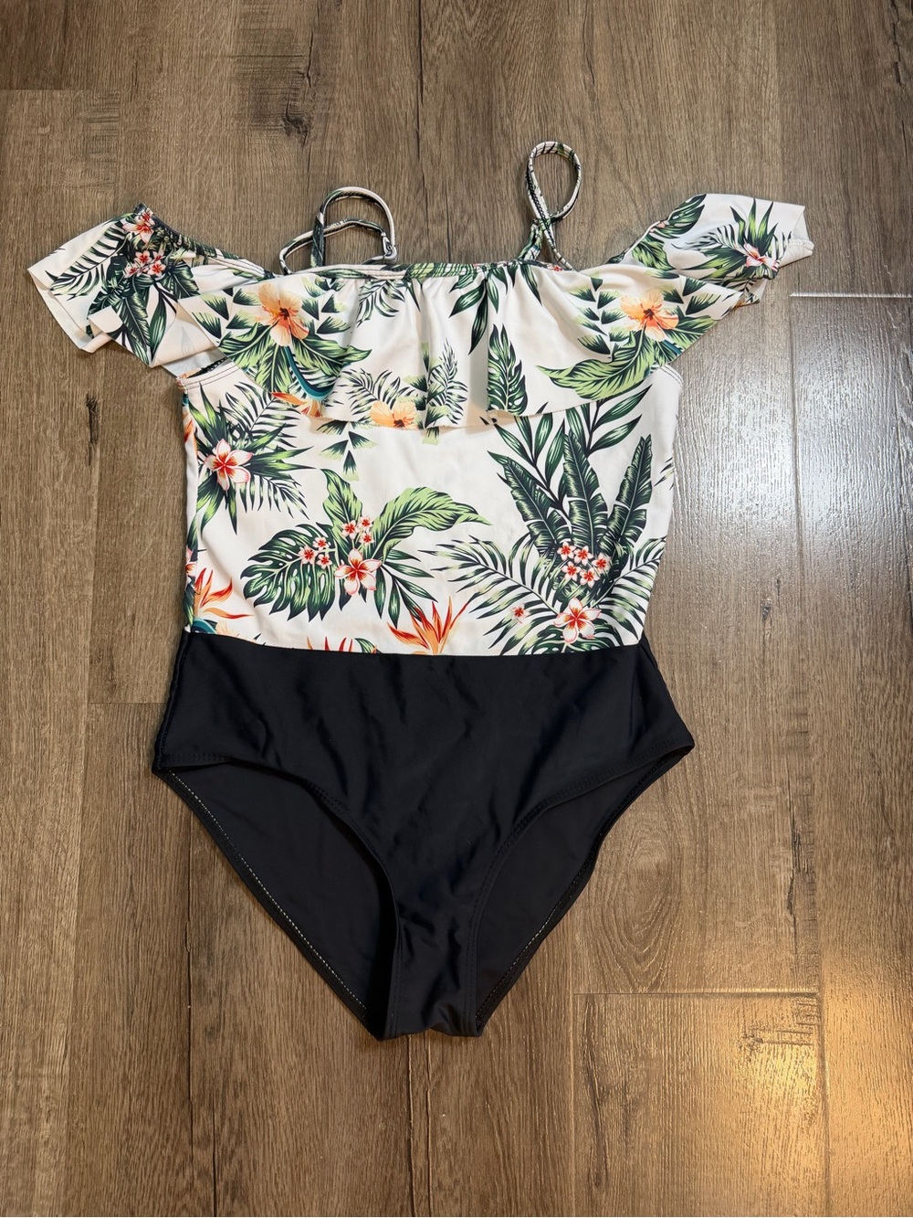 Kids Floral Off-Shoulder One-Piece Swimsuit - White & Black